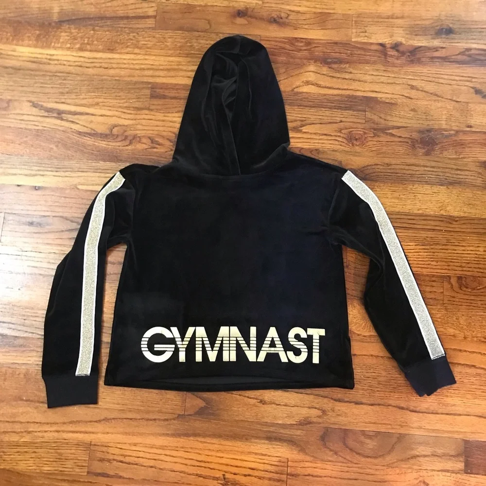 Girls Justice Active Gymnast Hooded Hoodie Blouse Top Black w/ Gold Graphics 10